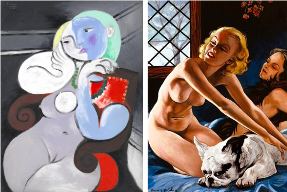 [left] Pablo Picasso, Nude Woman in a Red Armchair, 1932. Tate Gallery, London, Artwork © 2020 Estate of Pablo Picasso / Artists Rights Society (ARS), New York [right] Francis Picabia, Femmes au bull-dog (Women with Bulldog), 1941-1942. Musée National d'Art Moderne, Centre Georges Pompidou, Paris, Photo: Jean-Claude Planchet © CNAC/MNAM/Dist. RMN-Grand Palais / Art Resource, NY, Artwork © 2020 Artists Rights Society (ARS), New York / ADAGP, Paris Lichtenstein’s Nudes 